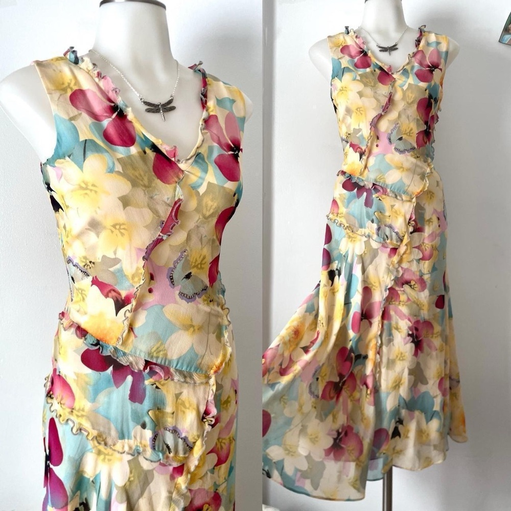 Sundance Floral Ruffle V-Neck Maxi Dress in Yellow, Pink & Blue